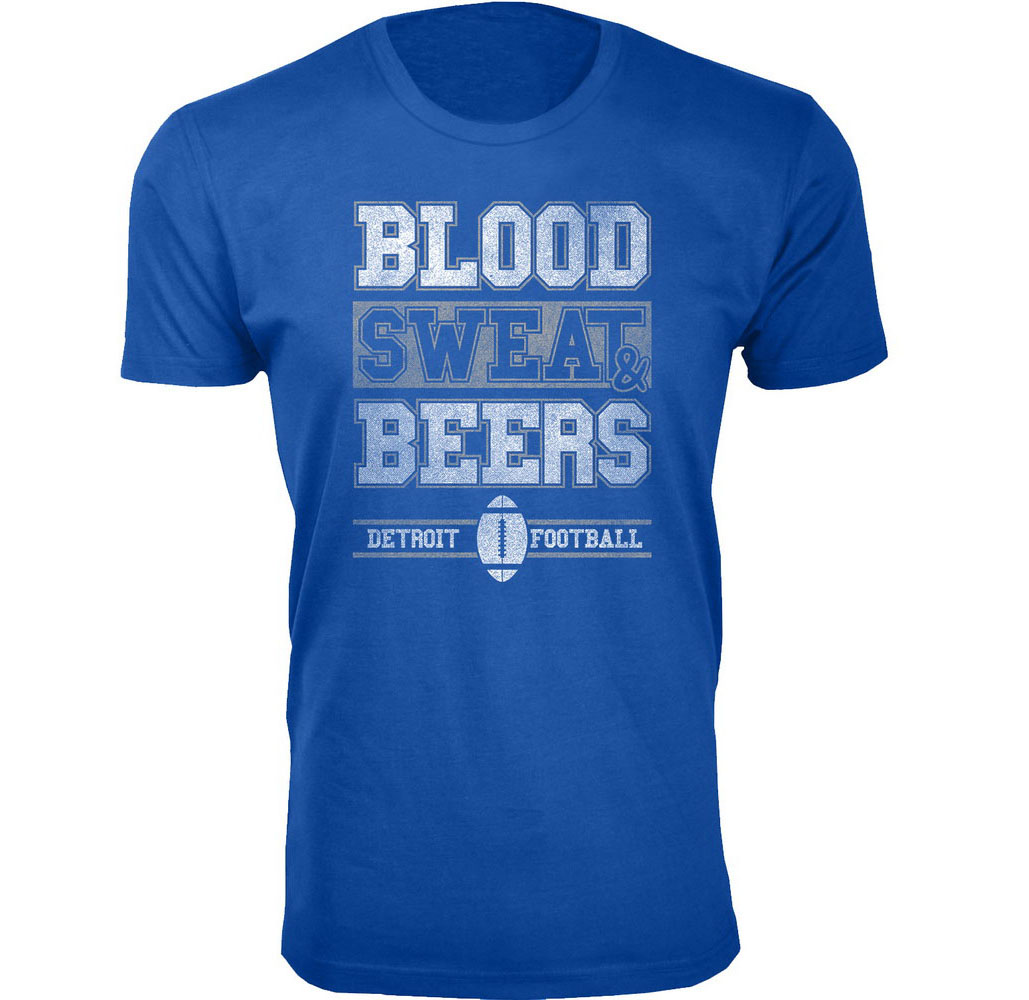 Men's Blood Sweat & Beers Football Cotton T-Shirts - Detroit / Royal Blue / LG