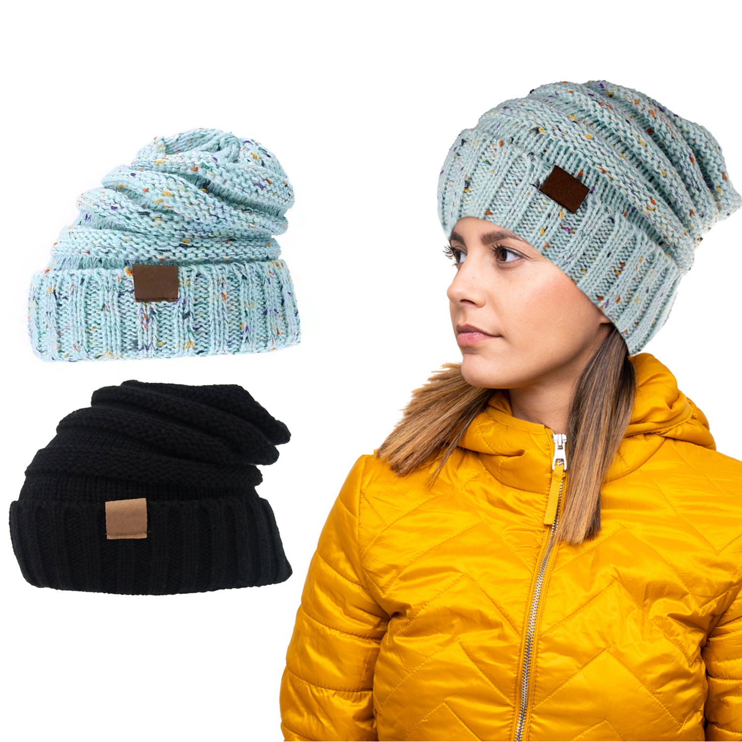 Women's Warm Knitted Beanie (2-Pack) - Black & Blue