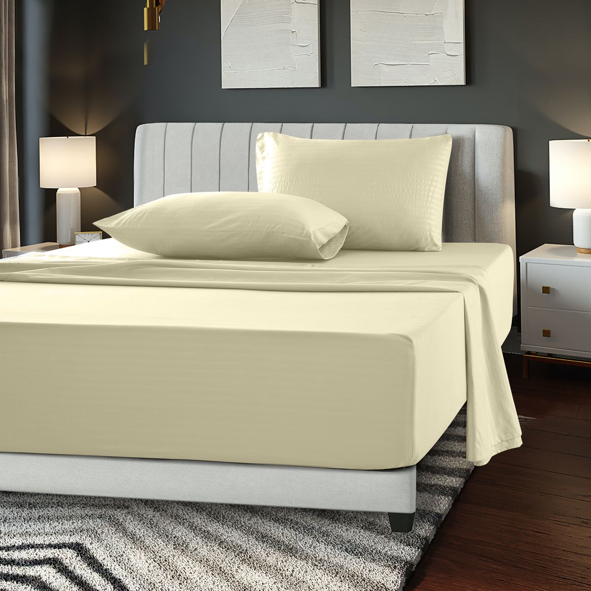 Brushed Microfiber Striped Bed Sheet Set - Full-Vanilla