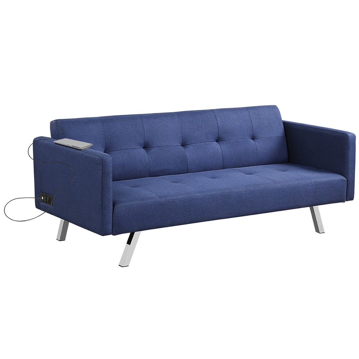 Convertible Futon Sofa Bed with USB Ports & Power Strip - Blue
