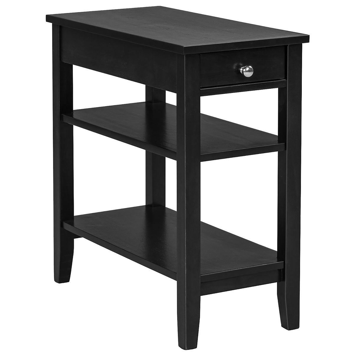 Narrow 3-Tier Side End Table with Drawer - Black