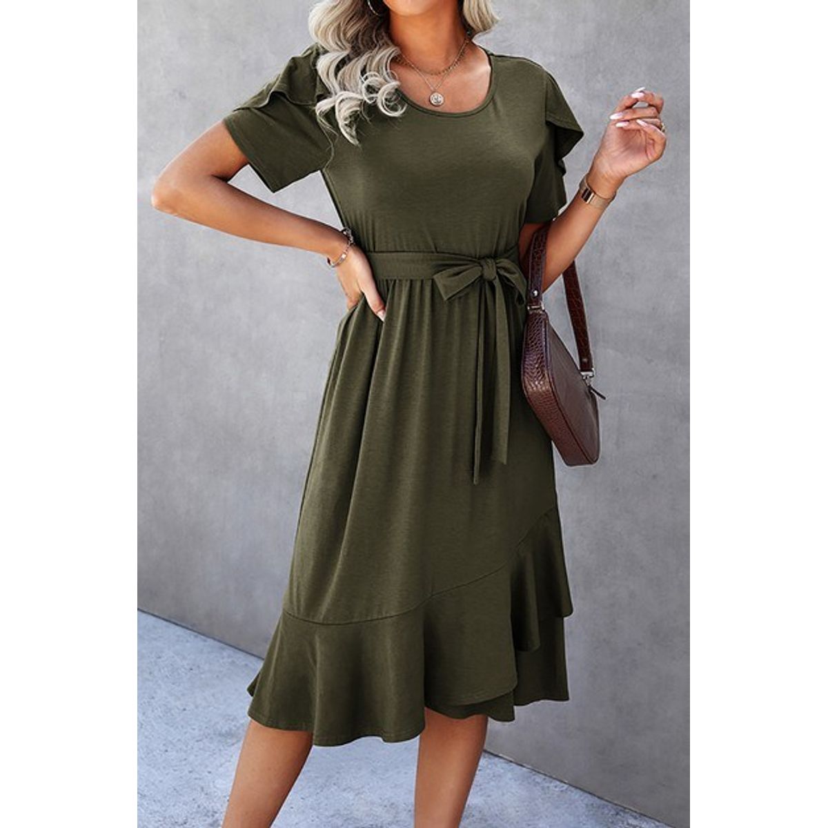 Women's Casual Scoop Neck Ruffle Sleeve Dress with High-Waist Belt - Small (2-4)-Olive