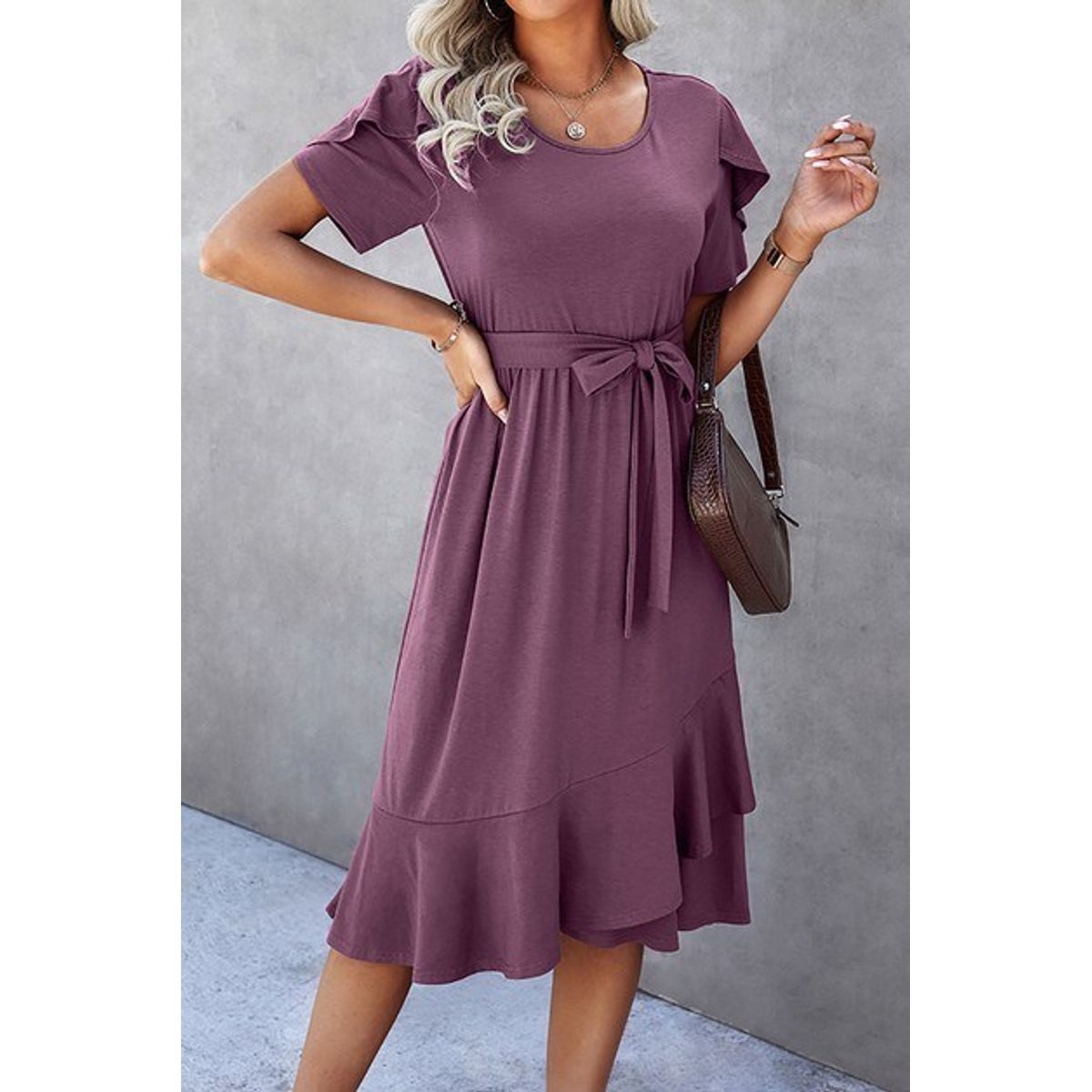 Women's Casual Scoop Neck Ruffle Sleeve Dress with High-Waist Belt - Large (8-10)-Purple