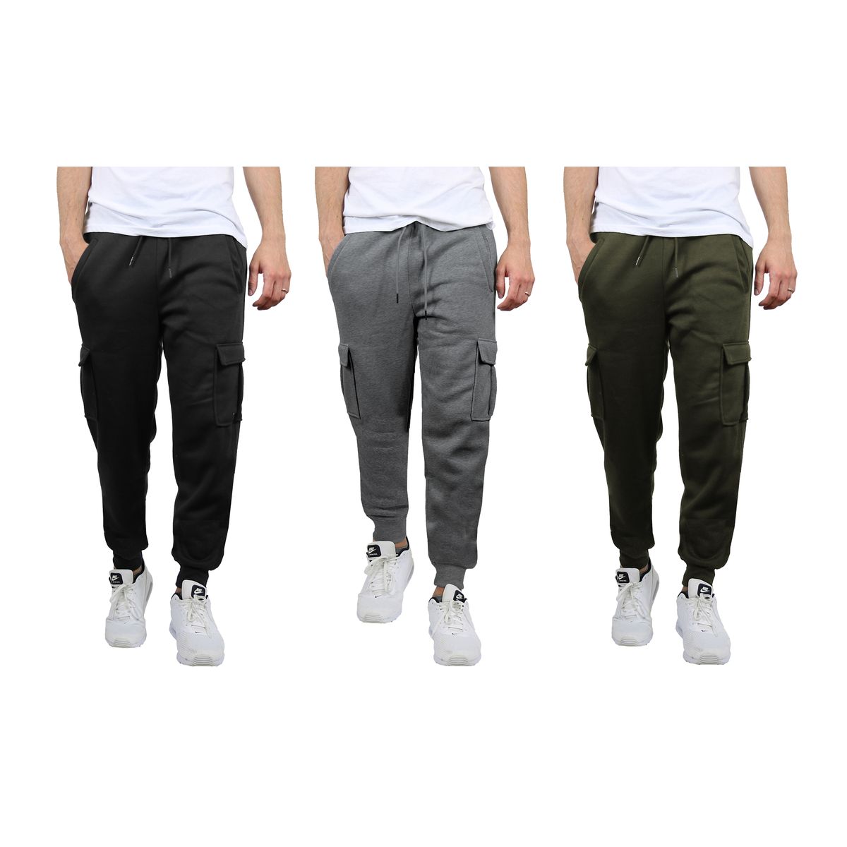 Men's Slim-Fit Cargo Pocket Fleece Jogger Sweatpants (1- or 3-Pack) - JMFCJ-100 / BK-CH-OL / L