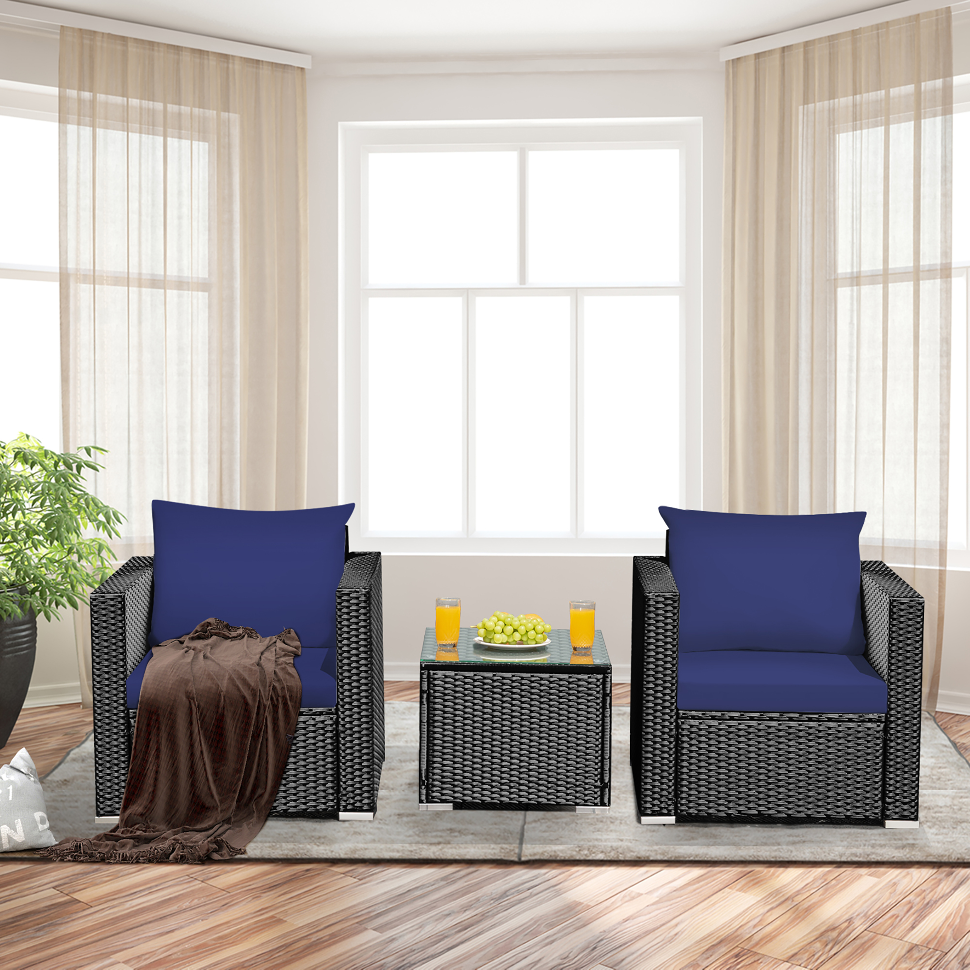 3-Piece Patio Rattan Wicker Furniture Set - Navy