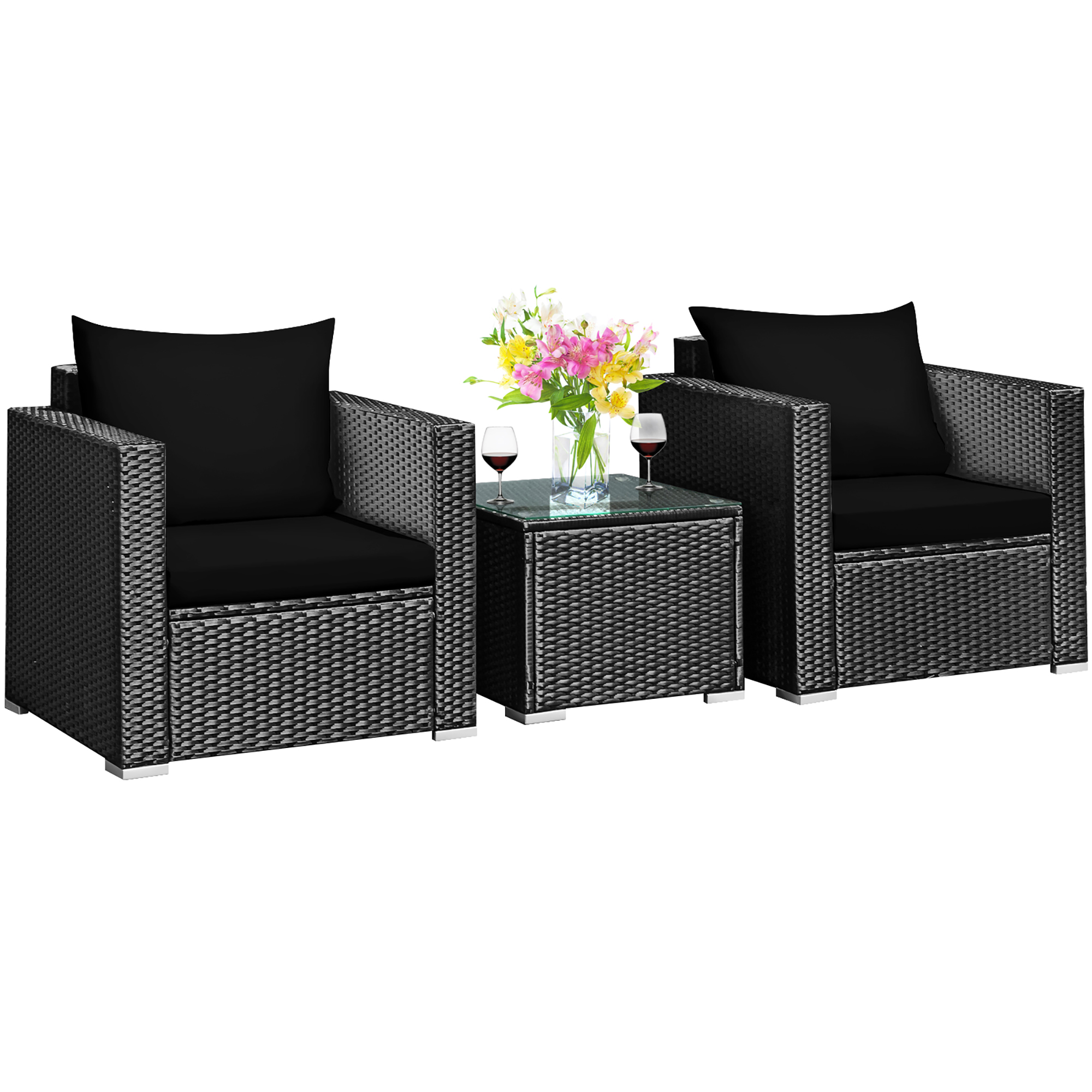 3-Piece Patio Rattan Wicker Furniture Set - Black