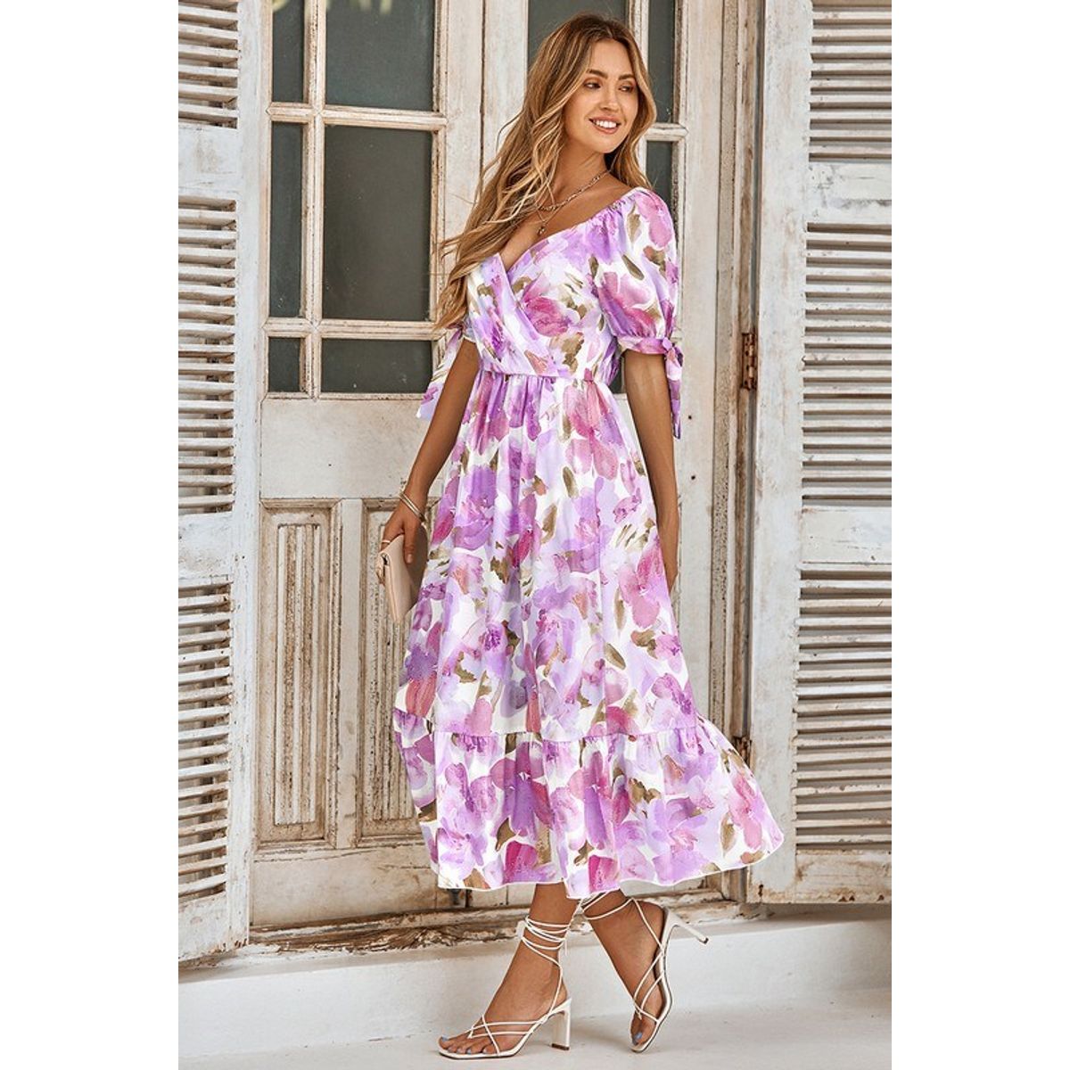 Women's Floral V-Neck Ruffle Midi Dress - Small (2-4)-Purple