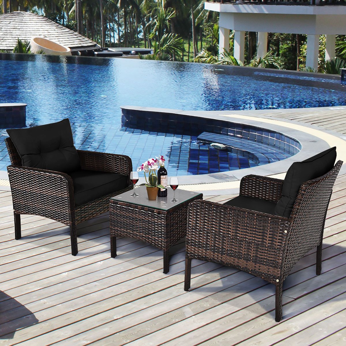 Photos - Garden Furniture Costway 3-Piece Rattan Patio Furniture Set with Washable Cushion - Rattan 