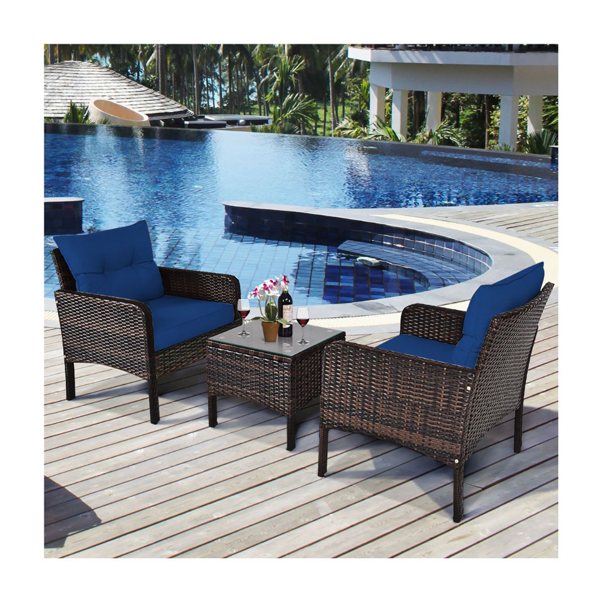 Photos - Garden Furniture Costway 3-Piece Rattan Patio Furniture Set with Washable Cushion - Rattan 