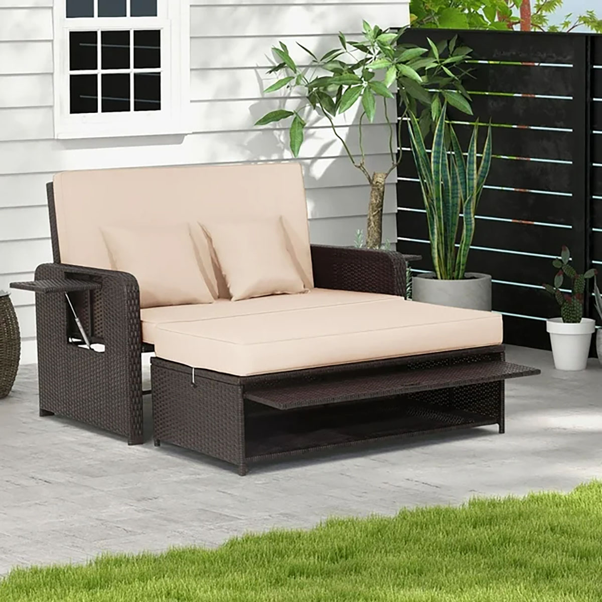 Photos - Garden Furniture Costway Patio Rattan Daybed with 4-Level Adjustable Backrest & Retractable 