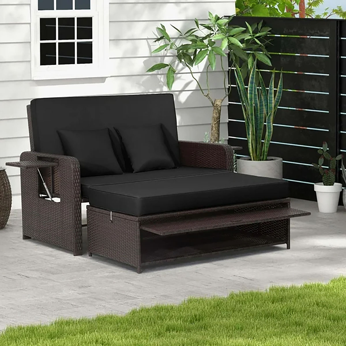 Photos - Garden Furniture Costway Patio Rattan Daybed with 4-Level Adjustable Backrest & Retractable 
