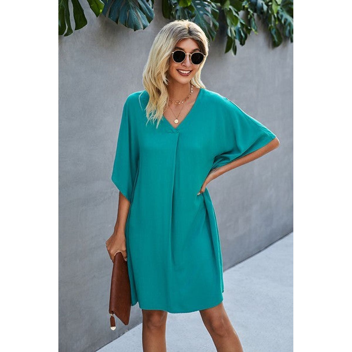 Women's V-Neck Dolman Sleeve Batwing-Style Dress - Lake Green / Medium (6-8)