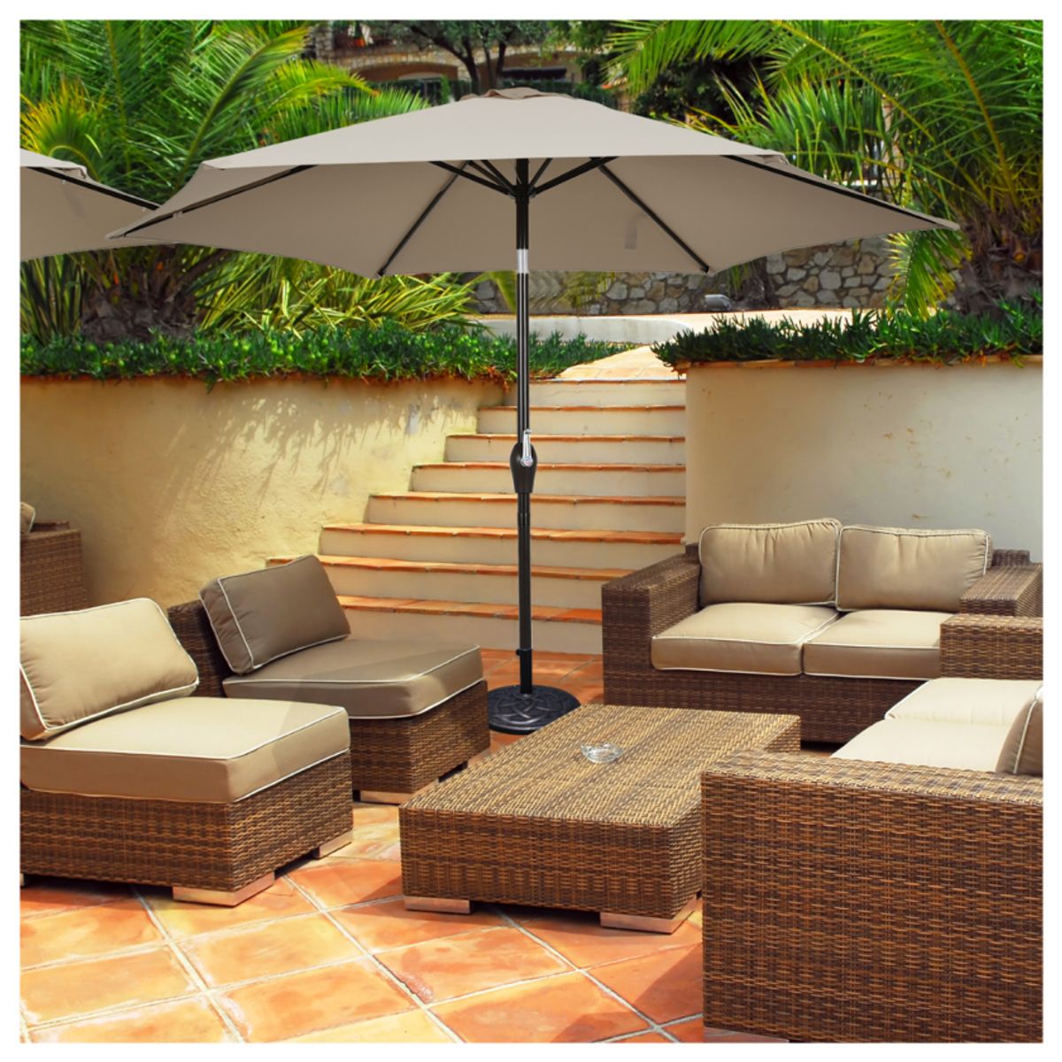Photos - Parasol Goplus Costway 9Ft Patio Umbrella with Push Button Tilt Crank Lift - Tan OP70707CF 