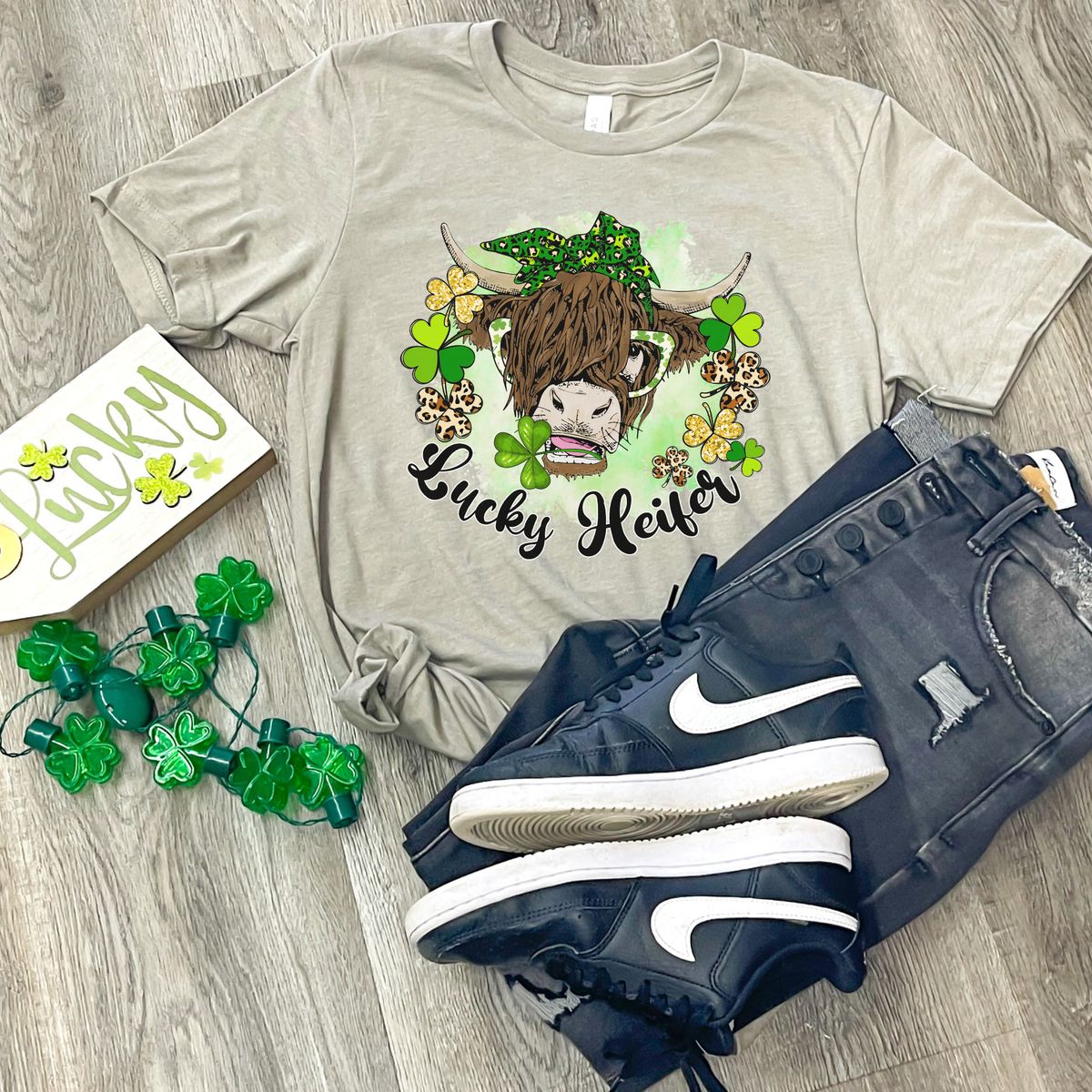 Lucky Heifer Graphic Tee - Heather Stone / Womens Xsmall