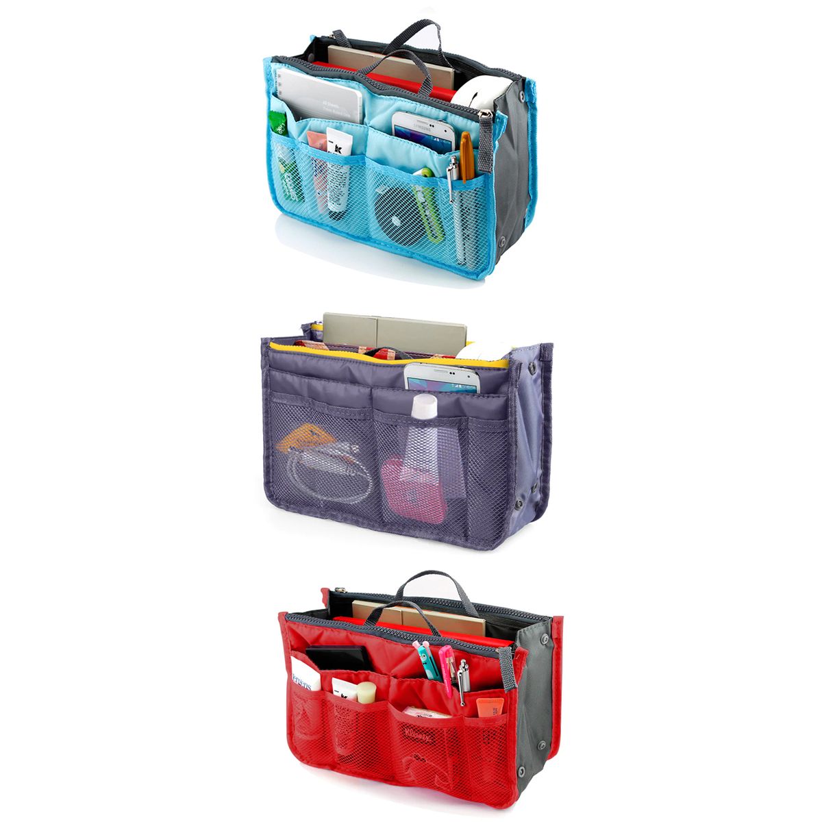 Travel Tote Handbag Organizer (3-Pack) - Red/Blue/Gray