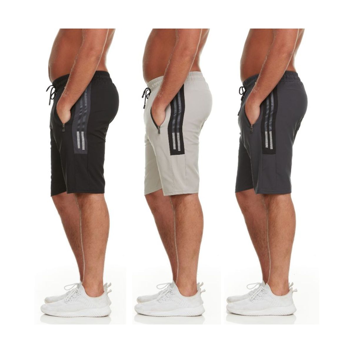 Men's Dry-Fit Shorts with Tech Zipper Pockets (3-Pack) - Set 1- Large