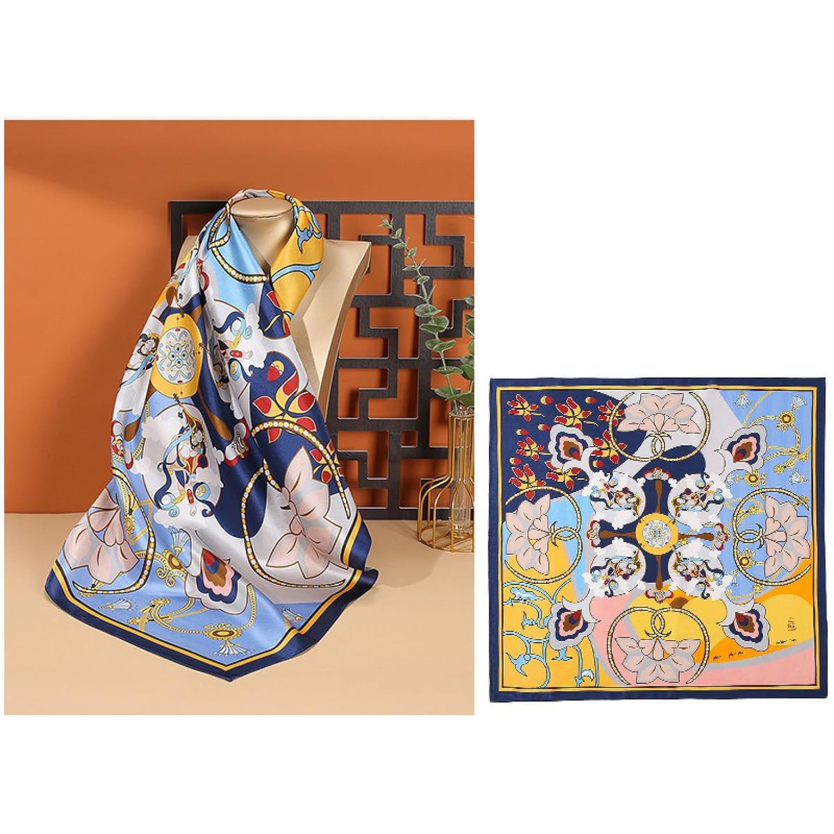 100 Real Silk Square Scarf Flowers and Flying Sky Navy Blue