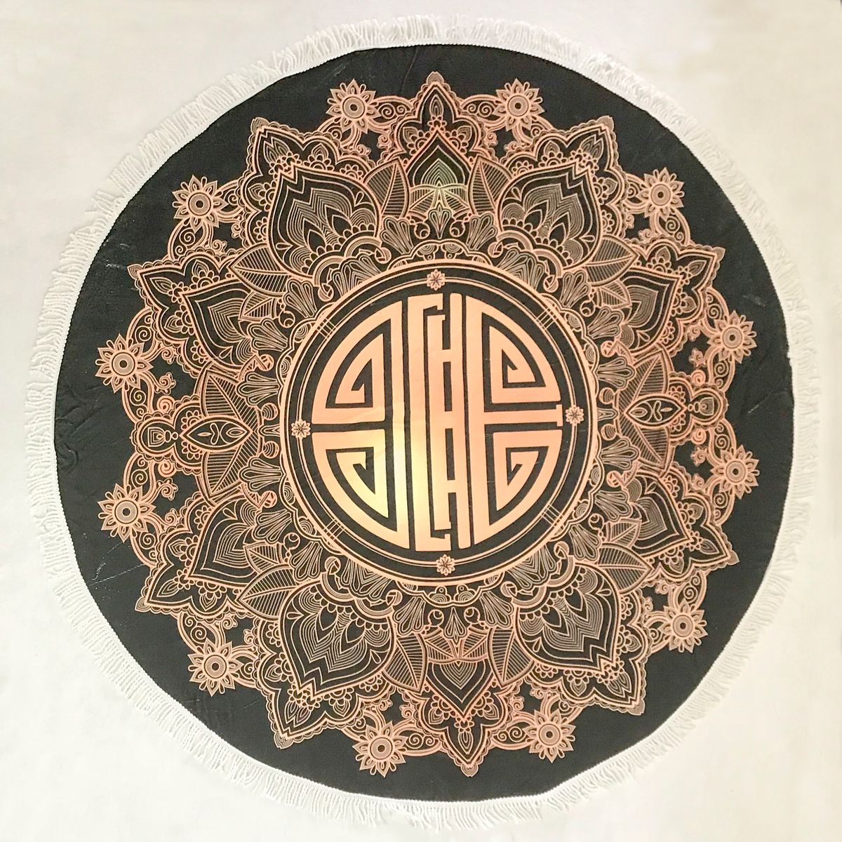 61-Inch Round Vibrant Beach Towel with Fringe (2-Pack) - Black & Gold Asian Medallion