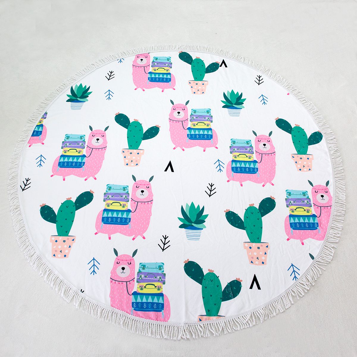 61-Inch Round Vibrant Beach Towel with Fringe (2-Pack) - Cute Alpaca