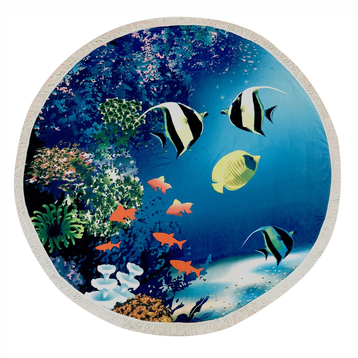 61-Inch Round Vibrant Beach Towel with Fringe (2-Pack) - Colorful Fishes