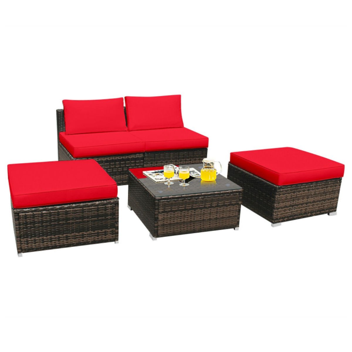 Costway 5Piece Patio Rattan Wicker Furniture Set Armless Sofa Cushioned - Red