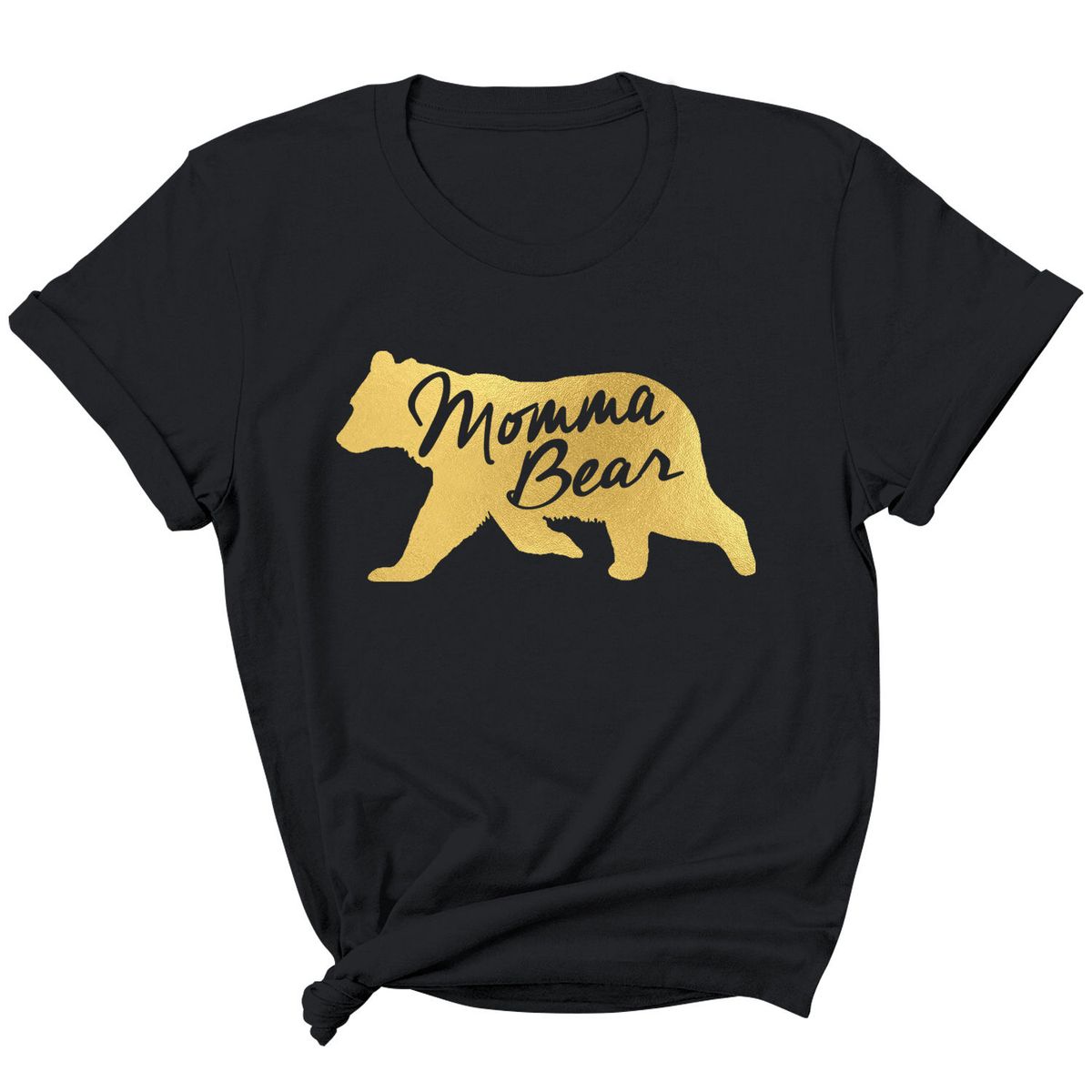 Women's 'Mama Bear' Graphic T-Shirt - Momma Bear Animal - Black-Gold Prt / L