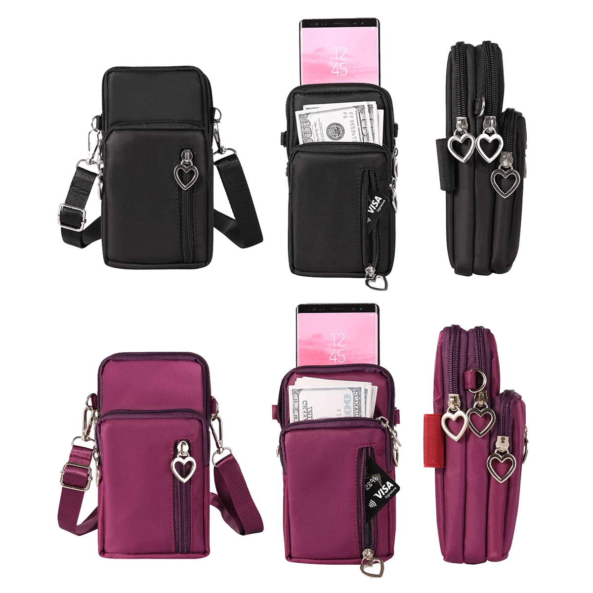 Small Crossbody Wallet Phone Bag with Heart Pull Tab (2-Pack) - Black-Purple
