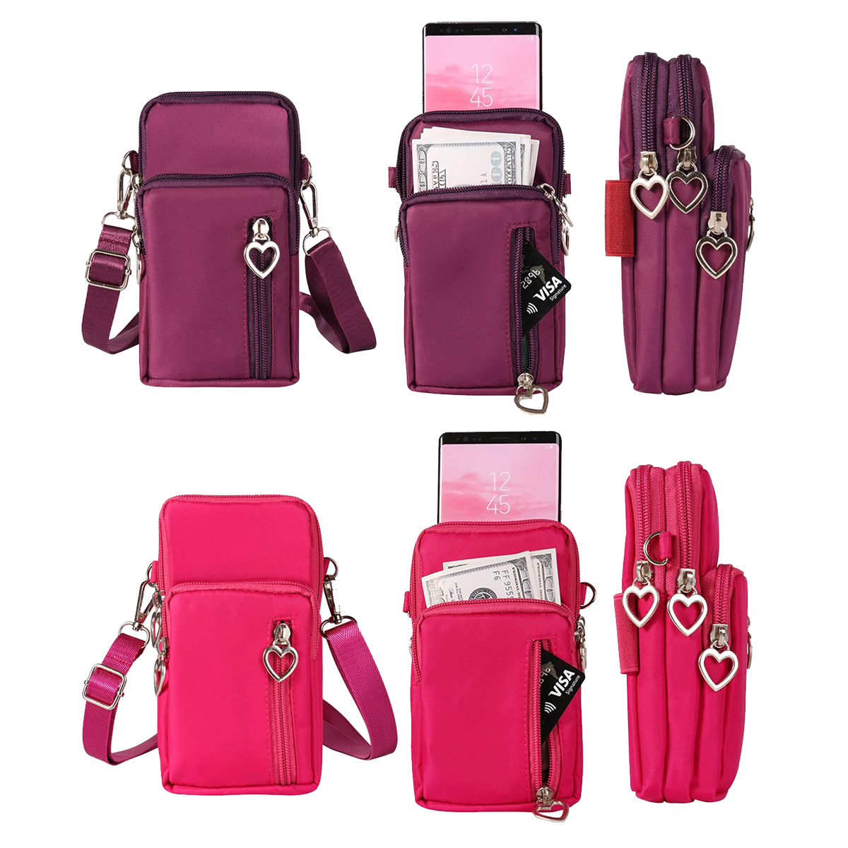 Small Crossbody Wallet Phone Bag with Heart Pull Tab (2-Pack) - Purple-Pink