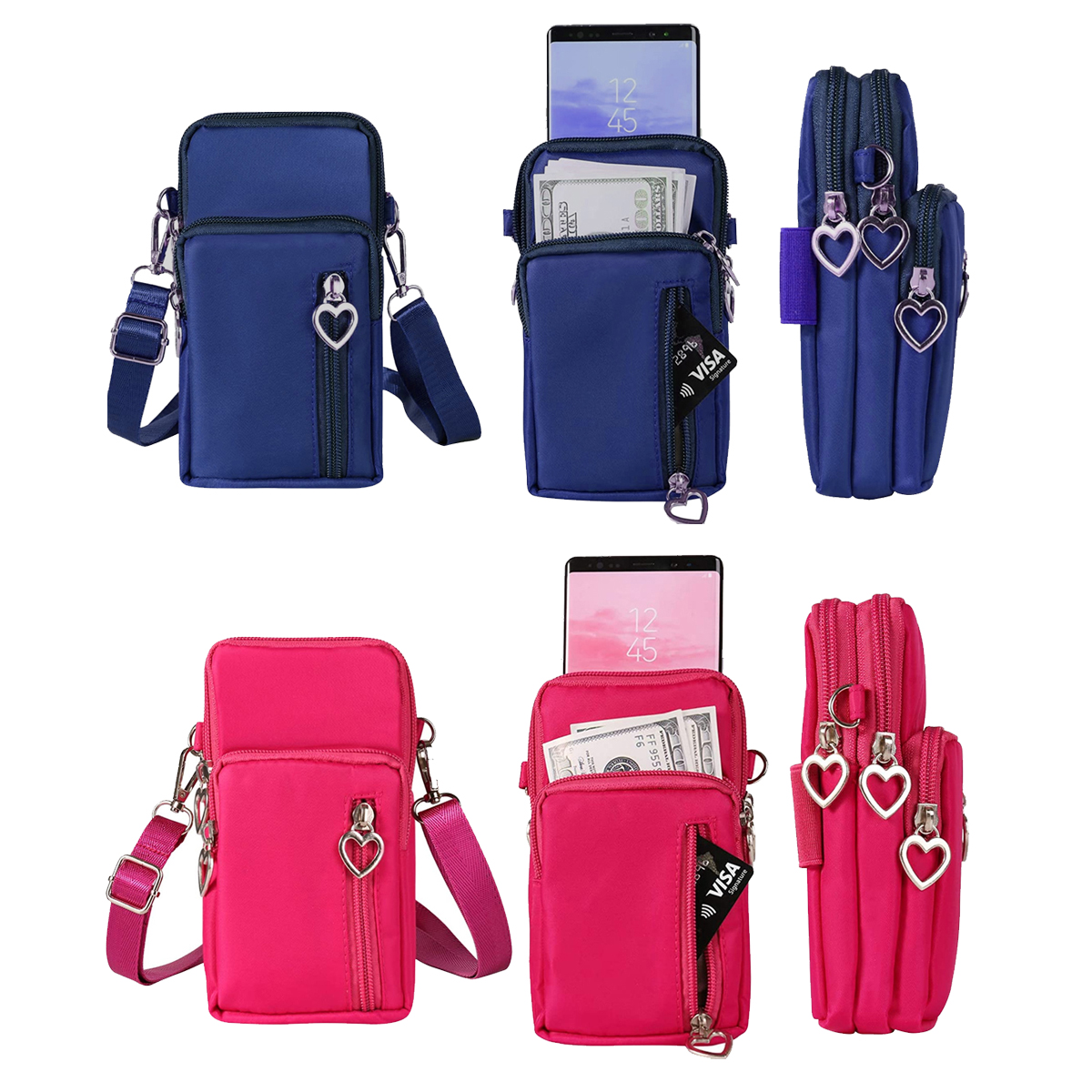 Small Crossbody Wallet Phone Bag with Heart Pull Tab (2-Pack) - Blue-Pink