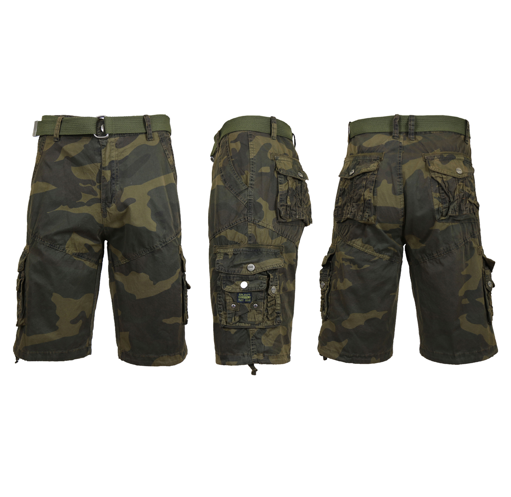 Men's Distressed Vintage Belted Cargo Shorts  - Woodland Camo - 36