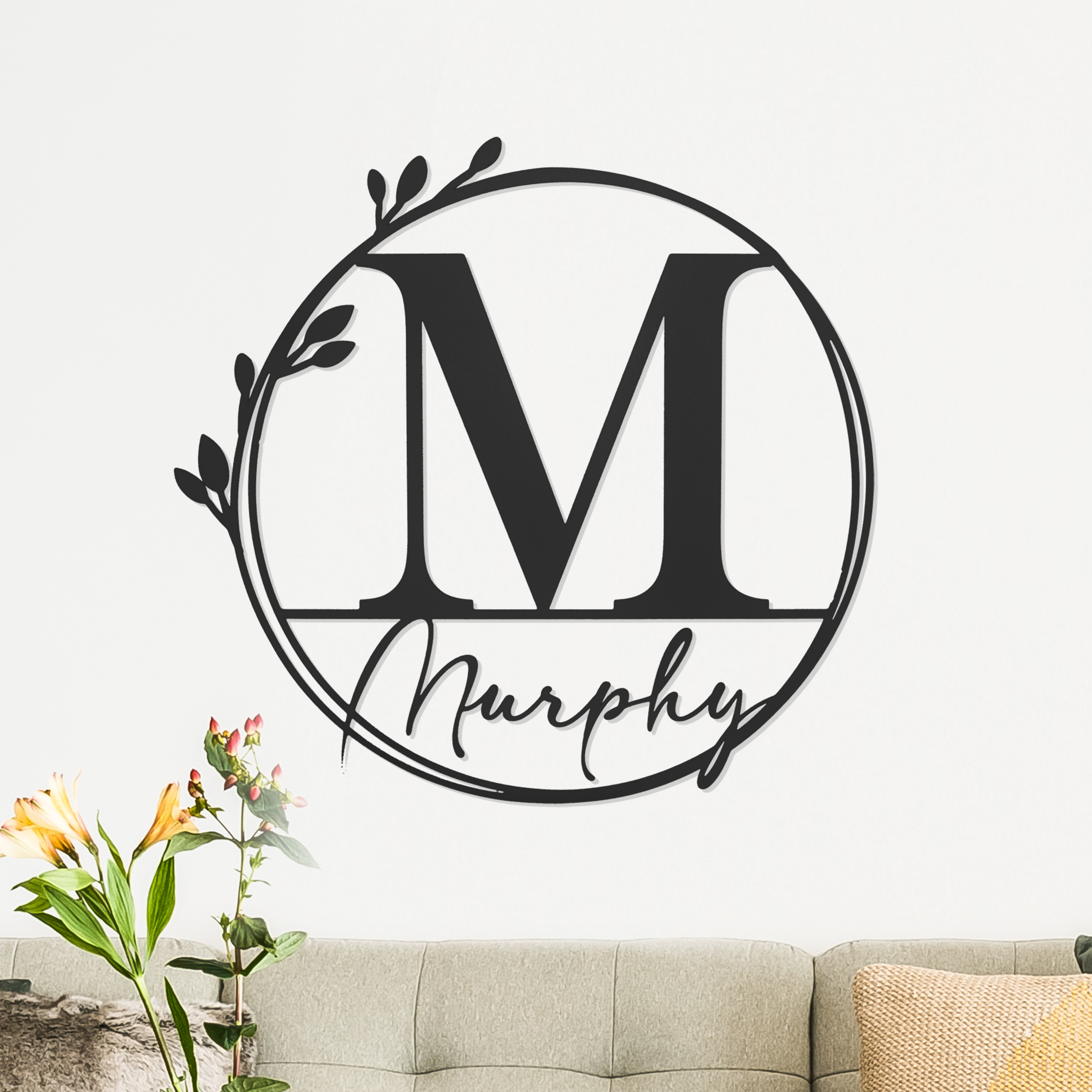 Personalized Metal Floral Leaves Outdoor Monogram Wreath - 24 inch / Black Powder Coat