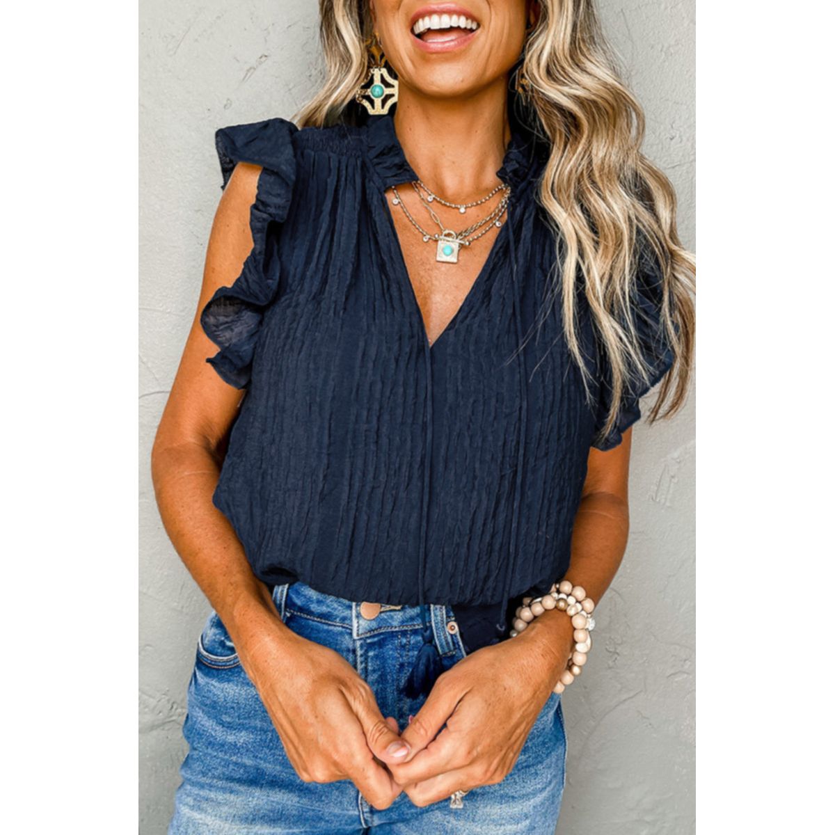 Women's Keira V-Neck Flutter Sleeve Textured Blouse - Navy Blue / S - 4/6 / 75%Viscose+25%Polyamide
