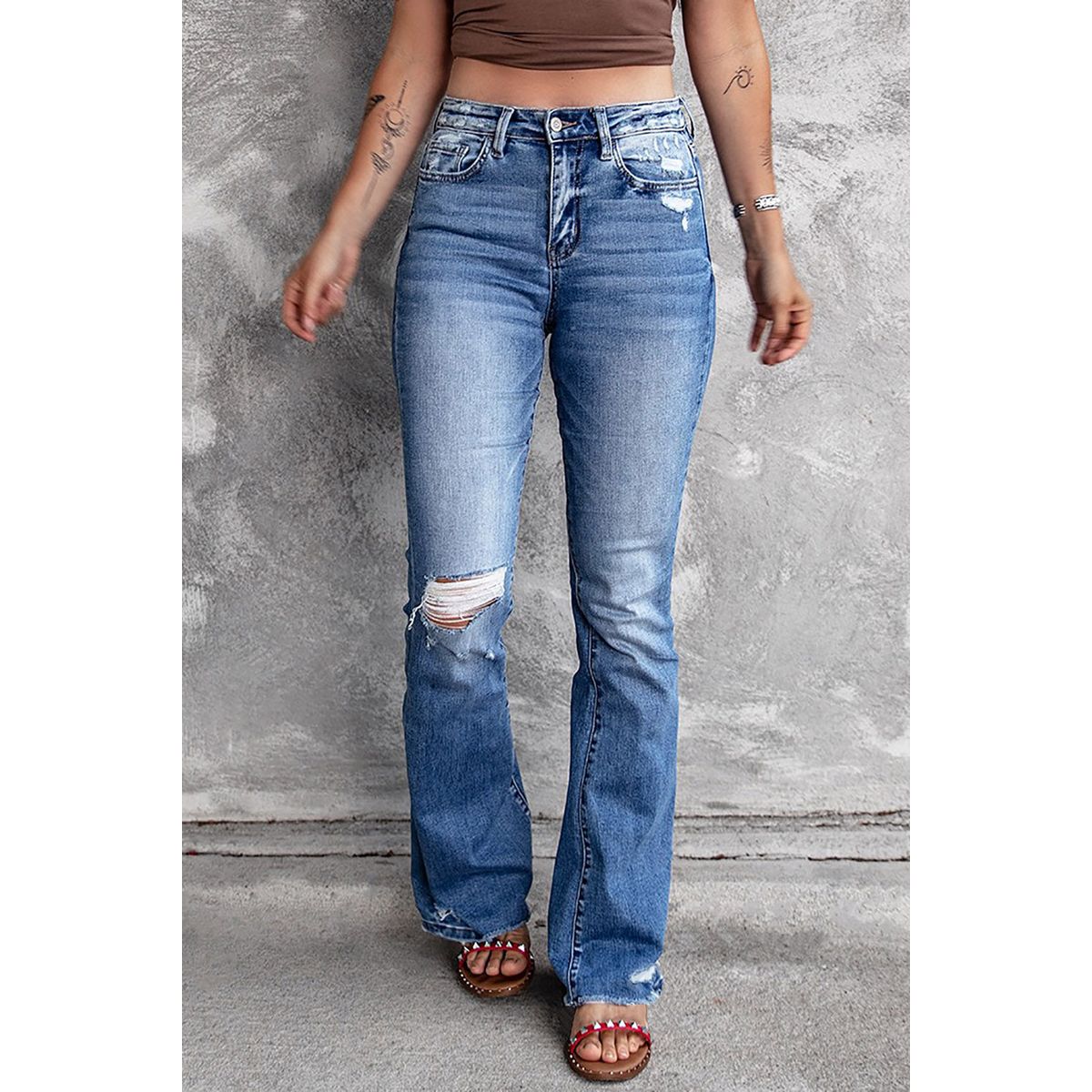 Women's Angelina Distressed Flare Jeans - Blue / 6 / 70%Cotton+28%Polyester+2%Elastane