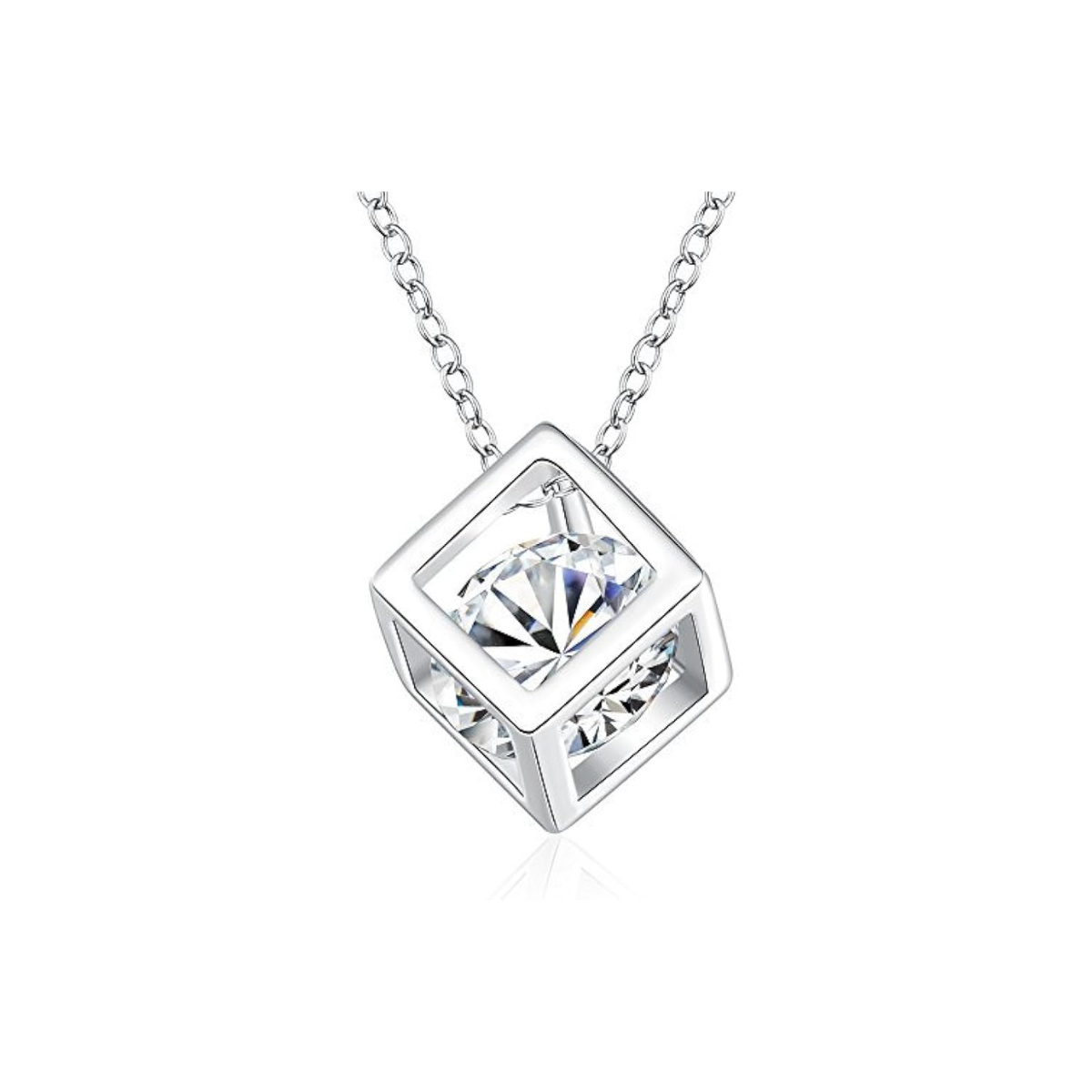 14K Gold Plated Necklace with CZ Inside Cube Pendant - White