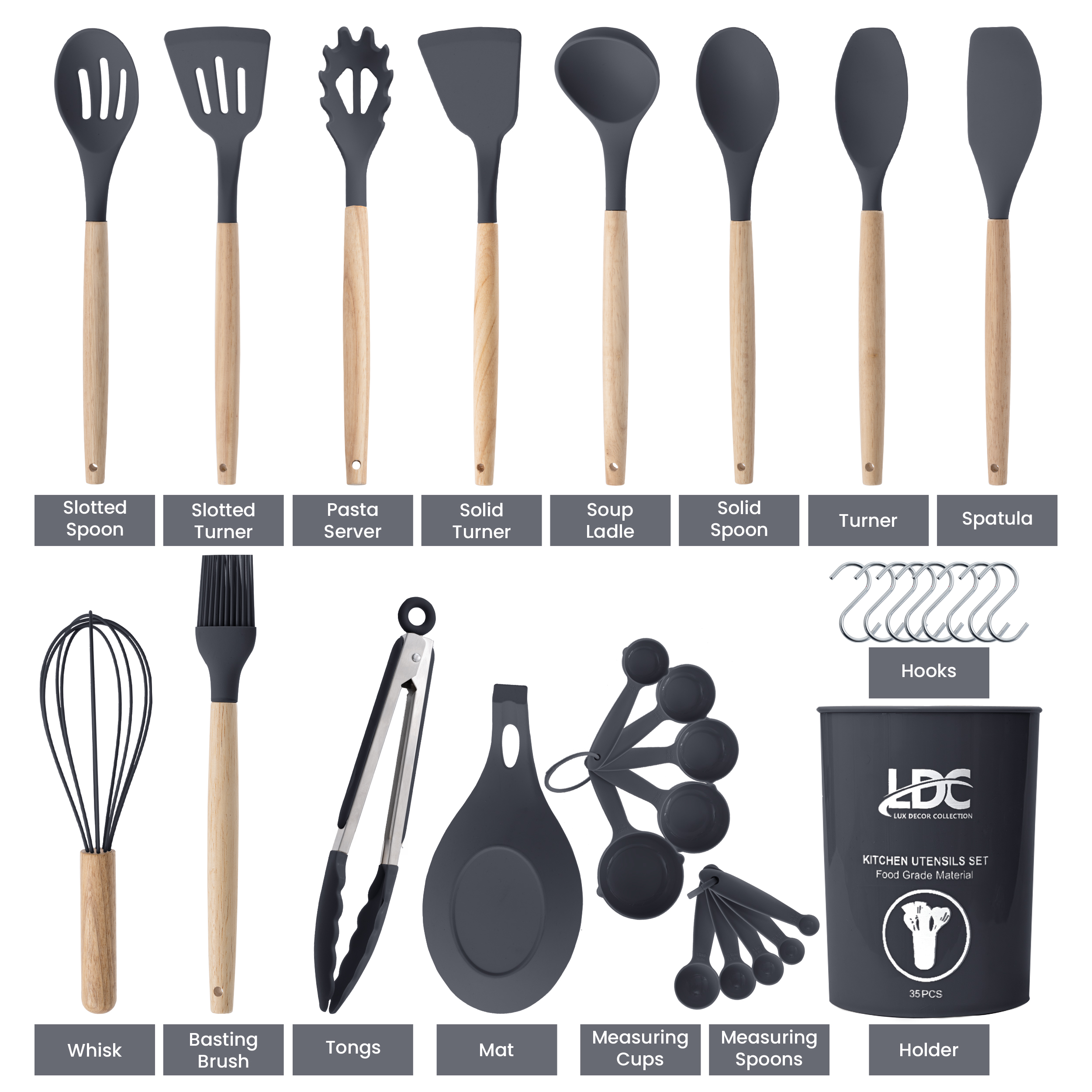 35-Piece Wooden Non-stick Kitchen Utensils Set, Bpa-free - Gray