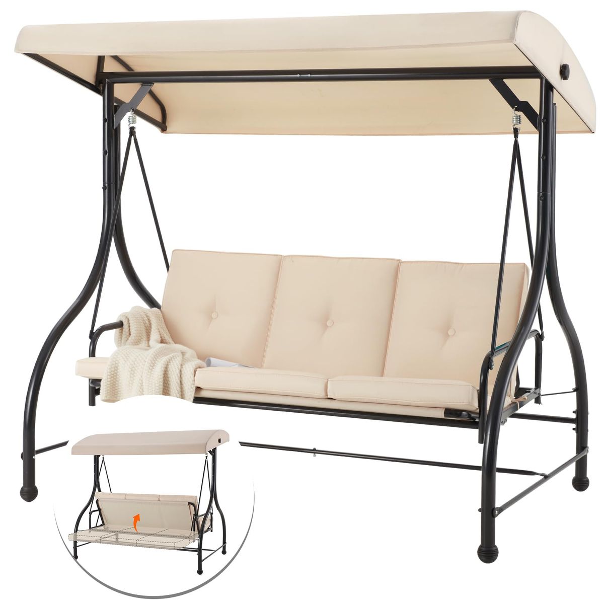 3-Seat Outdoor Swing Hammock with Adjustable Tilt Canopy - 16024BG-UG01
