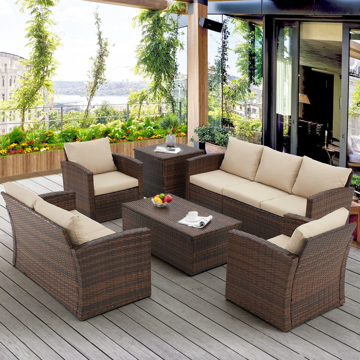 Outdoor Rattan 7-Piece Conversation Set - Beige