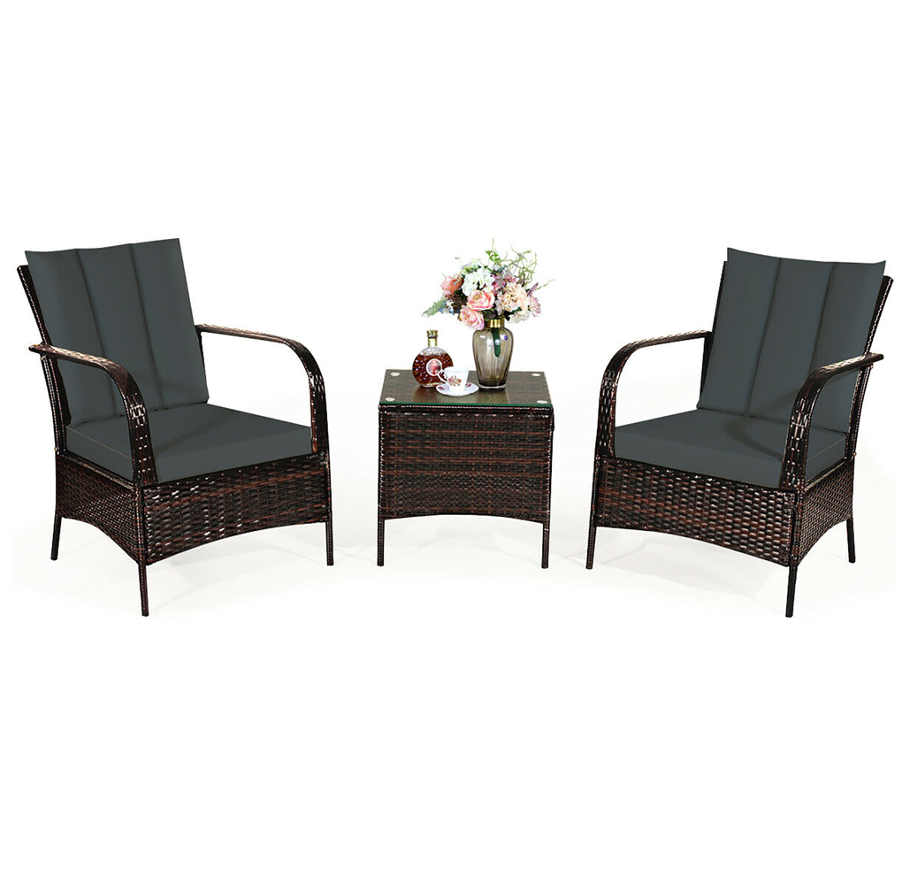 Rattan Outdoor 3-Piece Chair & Table Set - Grey