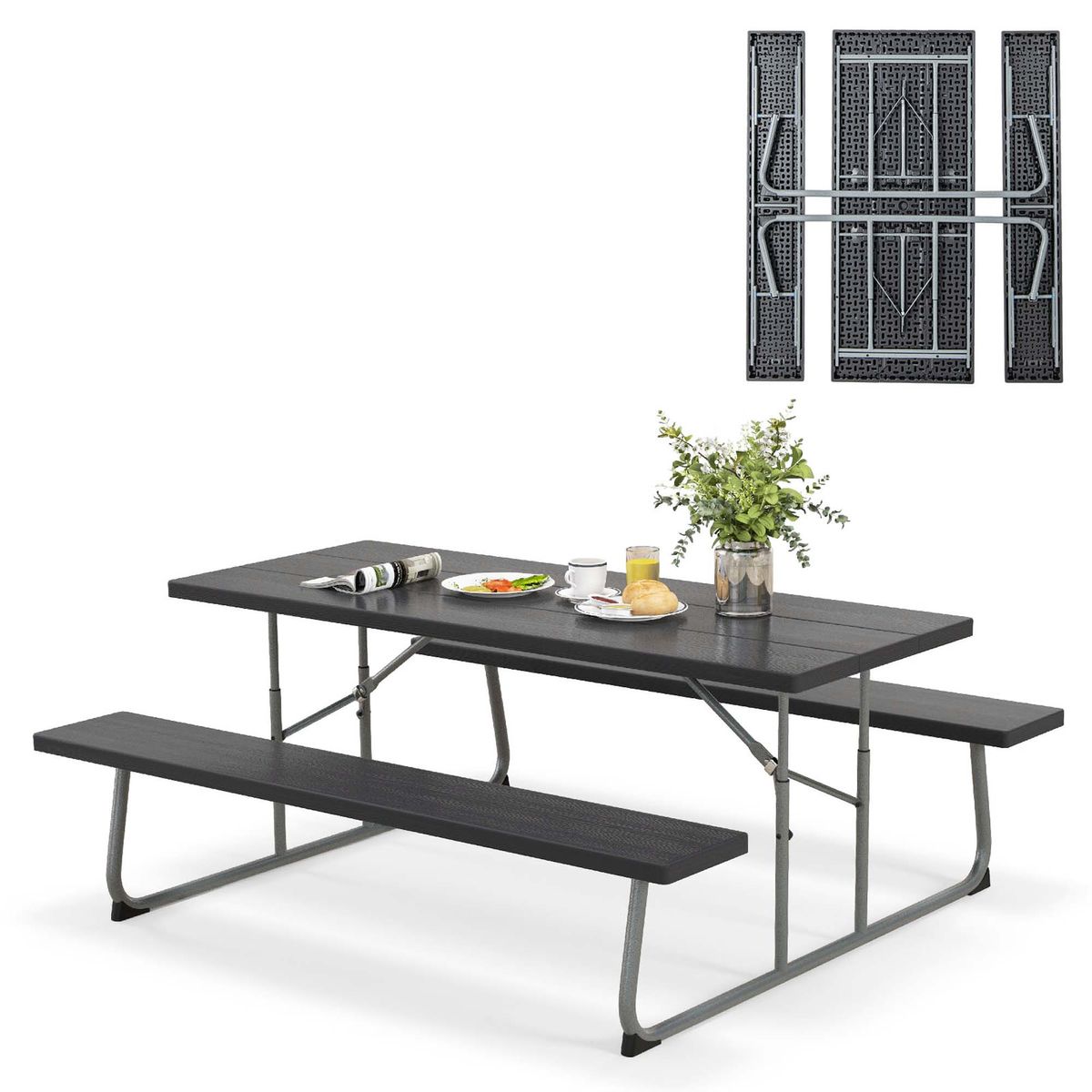 Costway Folding Picnic Table with Wood-like Tabletop, Umbrella Hole, 2 Benches for 8 Person - Black