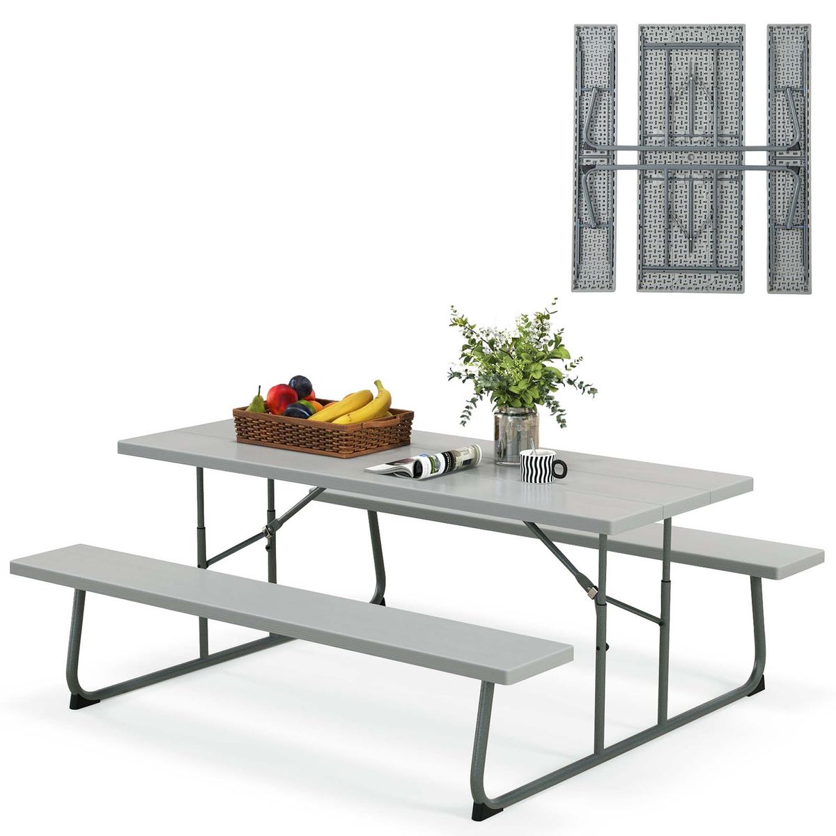 Costway Folding Picnic Table with Benches - Grey