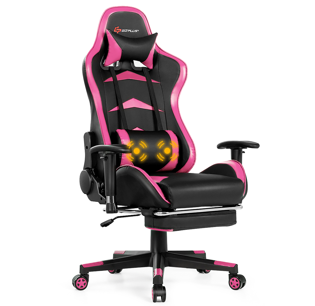 Reclining Massage Gaming Chair with Footrest - Pink