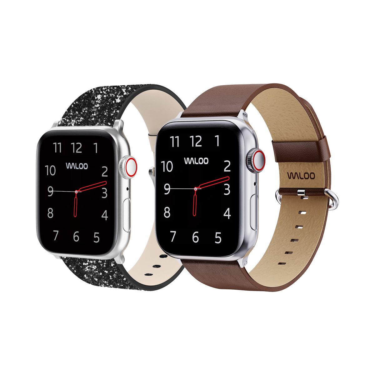 Waloo® Bling & Leather Grain Bands for Apple Watch (2-Pack) - 42/44/45/49mm / Black Bling + Brown