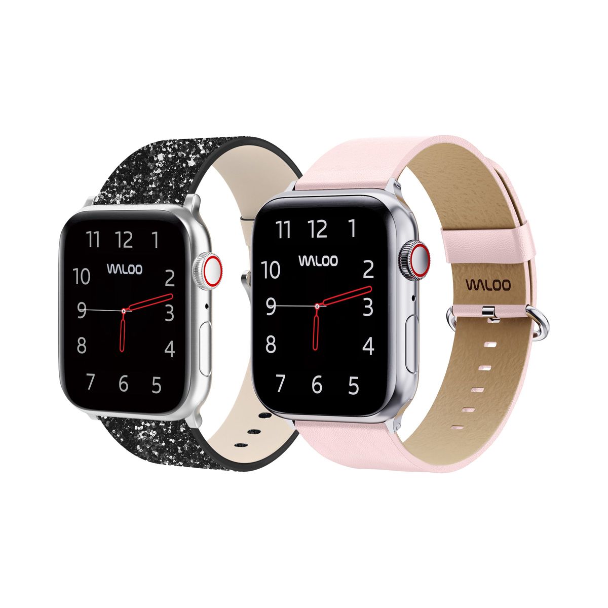 Waloo® Bling & Leather Grain Bands for Apple Watch (2-Pack) - 42/44/45/49mm / Black Bling + Pink Grain