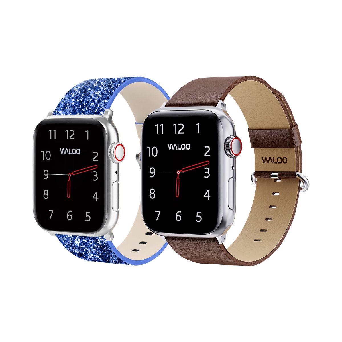 Waloo® Bling & Leather Grain Bands for Apple Watch (2-Pack) - 42/44/45/49mm / Blue Bling + Brown Grain