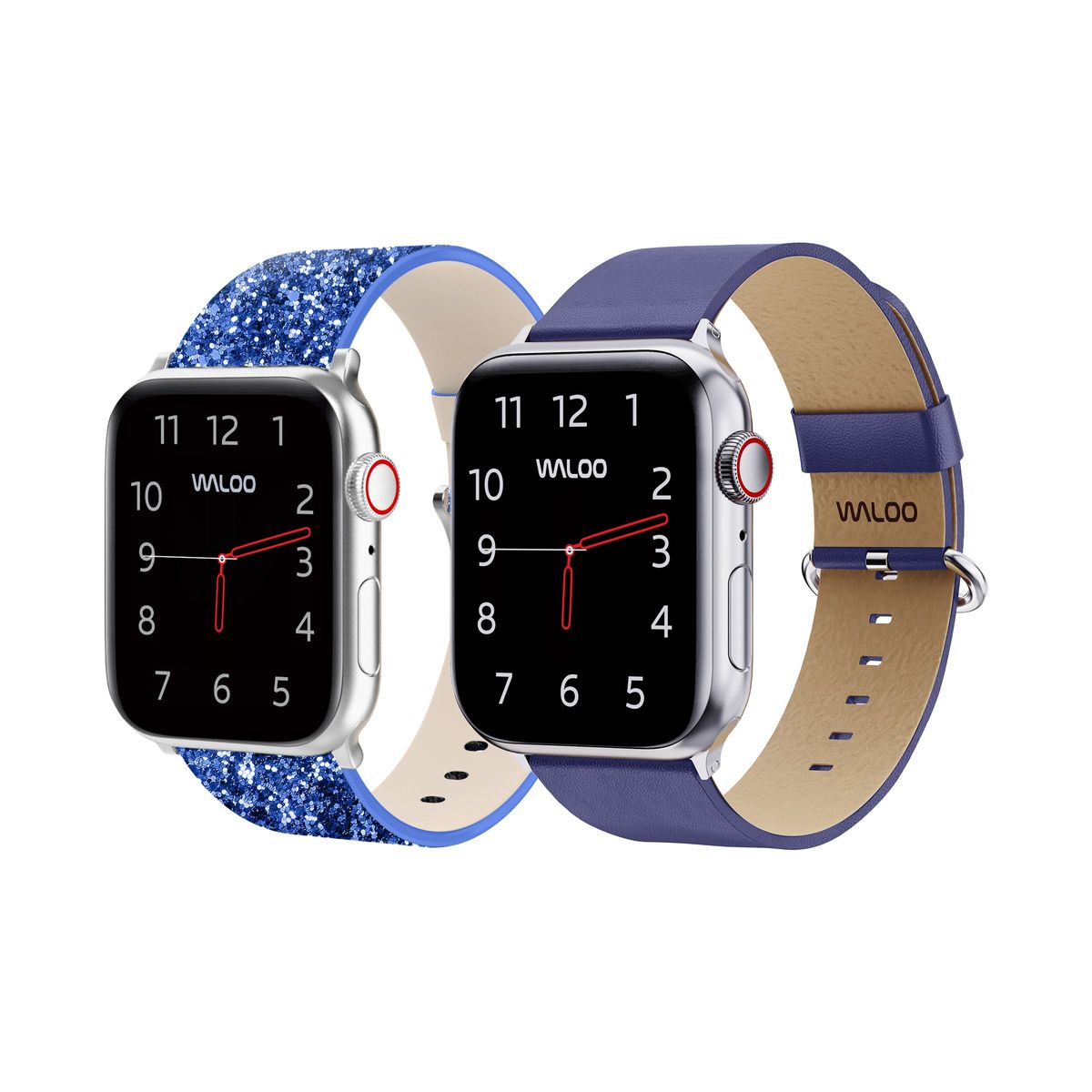 Waloo&reg; Bling & Leather Grain Bands for Apple Watch (2-Pack) - 42/44/45/49mm / Blue Bling + Navy Grain