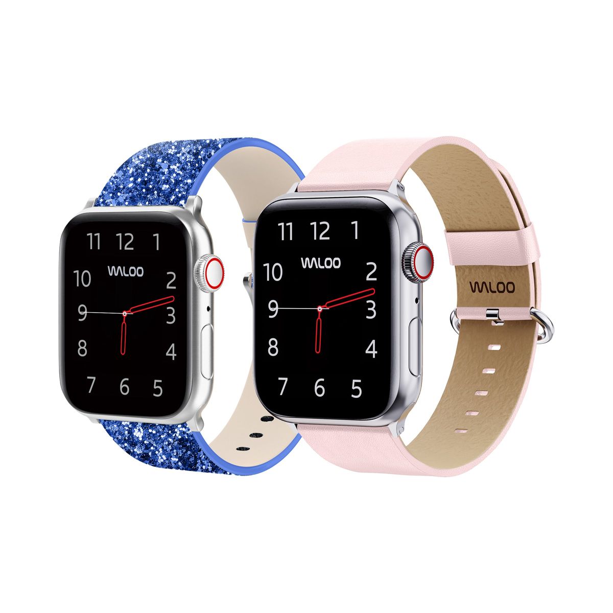 Waloo&reg; Bling & Leather Grain Bands for Apple Watch (2-Pack) - 42/44/45/49mm / Blue Bling + Pink Grain