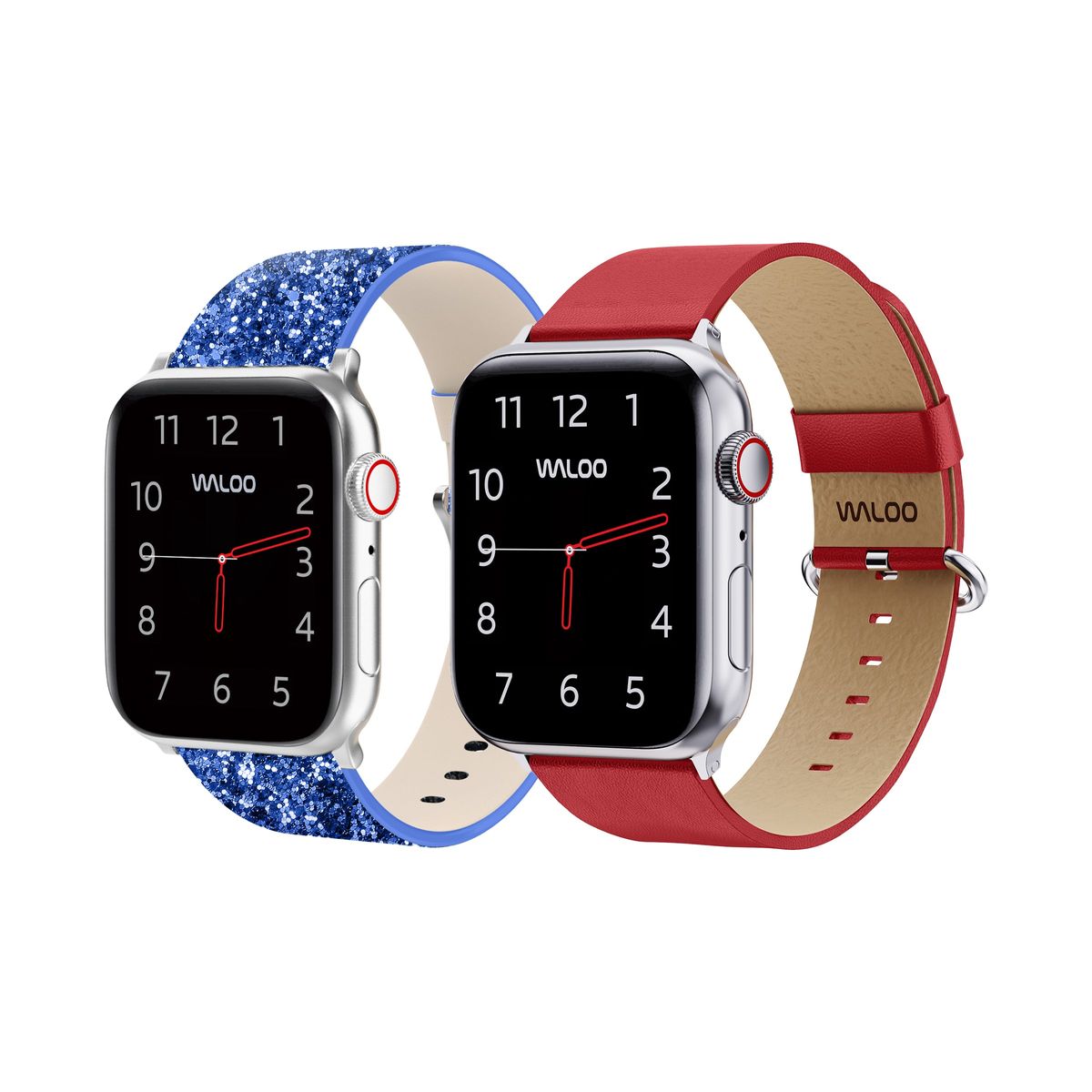 Waloo® Bling & Leather Grain Bands for Apple Watch (2-Pack) - 42/44/45/49mm / Blue Bling + Red Grain