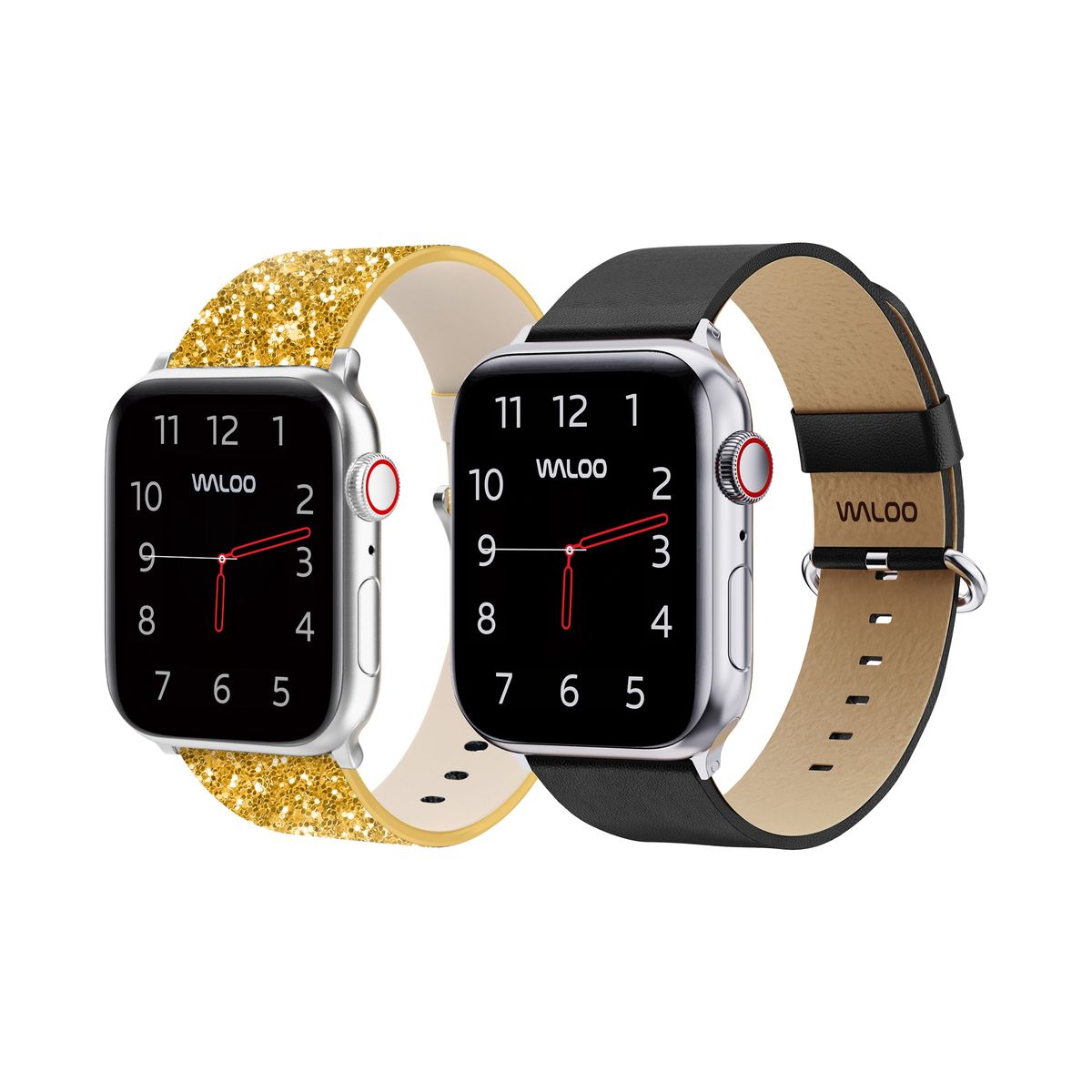 Waloo&reg; Bling & Leather Grain Bands for Apple Watch (2-Pack) - 42/44/45/49mm / Gold Bling + Black Grain