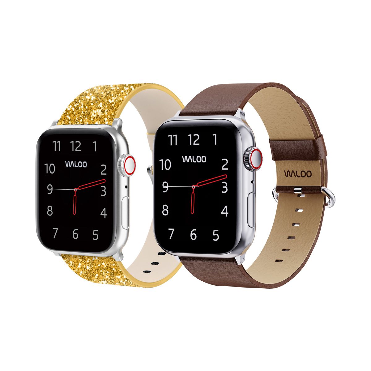 Waloo® Bling & Leather Grain Bands for Apple Watch (2-Pack) - 42/44/45/49mm / Gold Bling + Brown Grain