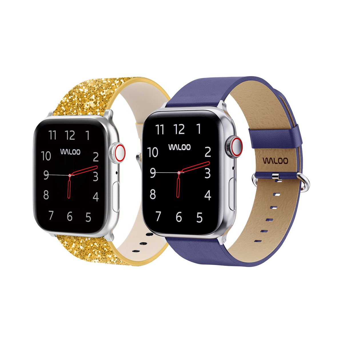 Waloo® Bling & Leather Grain Bands for Apple Watch (2-Pack) - 42/44/45/49mm / Gold Bling + Navy Grain